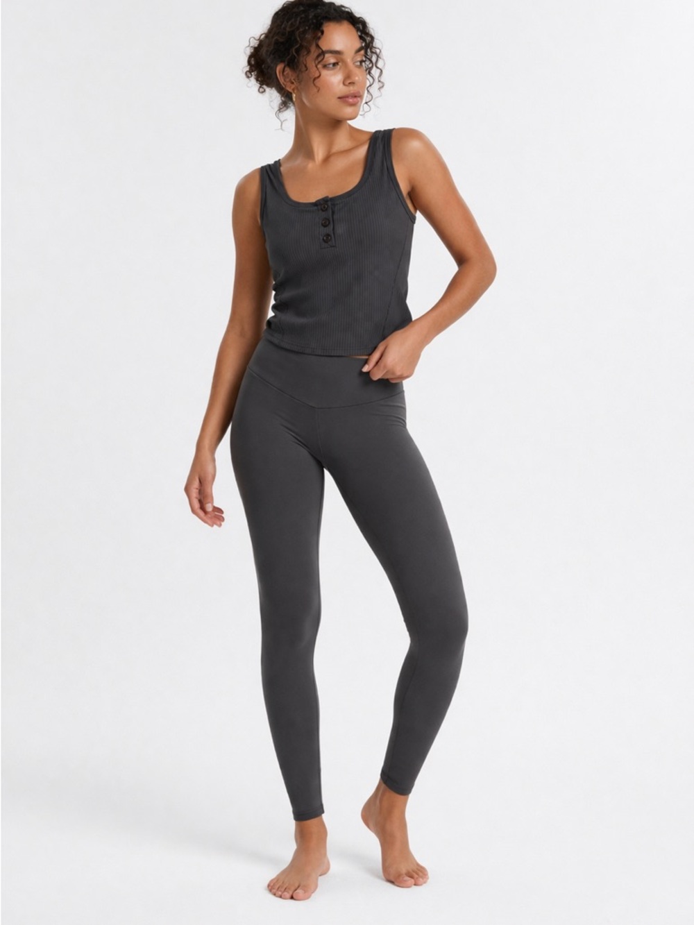 OYSHO Matching Set Small Ribbed Henley Tank Leggings Gray Activewear